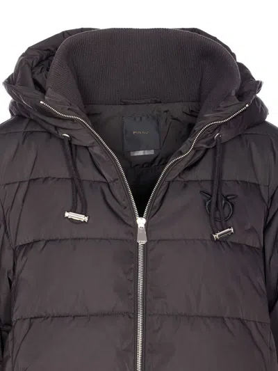 Pinko Puffer Jacket With Hood And Horizontal Quilting In Black
