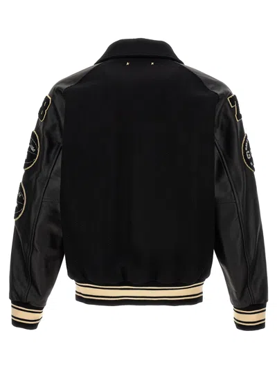 Golden Goose Black Bomber Jacket With Leather Inserts And Logo Patch In Wool Man In Black