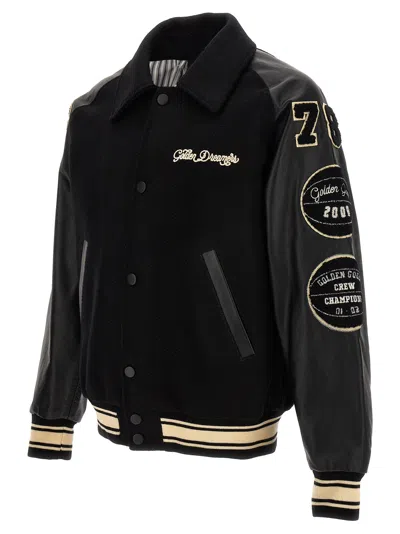 Golden Goose Black Bomber Jacket With Leather Inserts And Logo Patch In Wool Man In Black