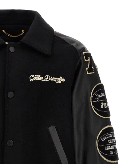 Golden Goose Black Bomber Jacket With Leather Inserts And Logo Patch In Wool Man In Black