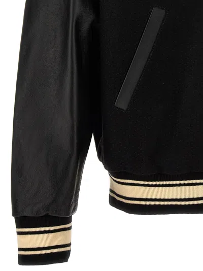 Golden Goose Black Bomber Jacket With Leather Inserts And Logo Patch In Wool Man In Black