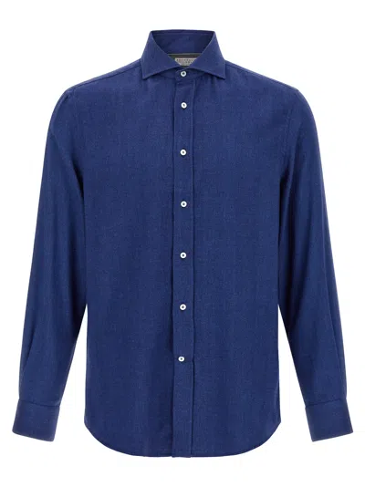 Brunello Cucinelli Tailored Herringbone Shirt Collar Button-down In Blue
