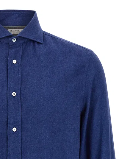 Brunello Cucinelli Tailored Herringbone Shirt Collar Button-down In Blue