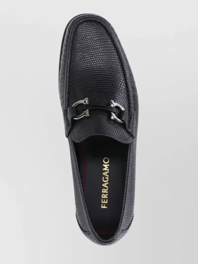 Ferragamo Gandioso Pebbled Moccasin With Gancini Ornament In Black Leather