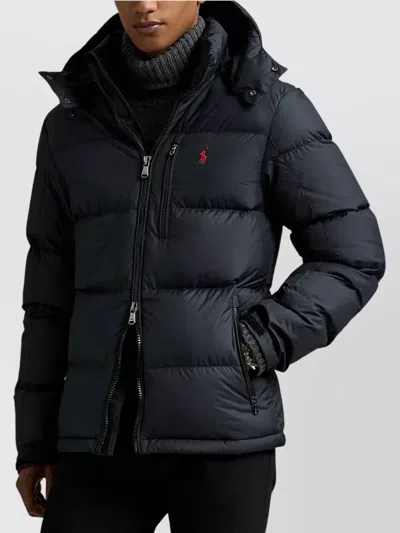 Polo Ralph Lauren Blue Down Jacket With Fixed Hood And Embroidered Pony Logo On Chest In Tech Fabric Man In Black