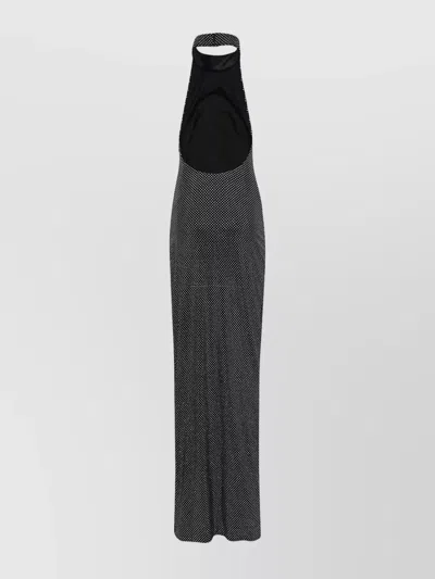 Balmain Long Velvet Halterneck Dress With Rhinestones In Gray