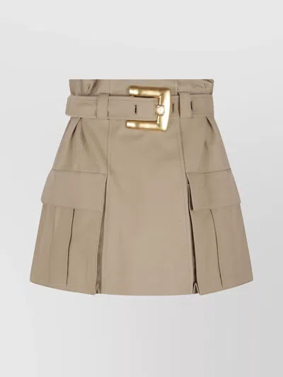 Balmain Gabardine Mini Skirt With Gold-tone Hardware In Brown