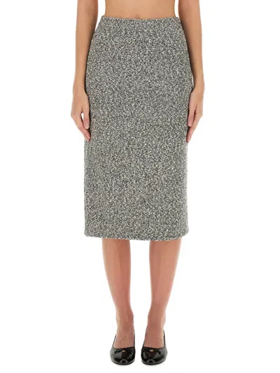 Tory Burch Mid-calf Tweed Skirt With Textured Fabric And Smooth Waistband In Gray