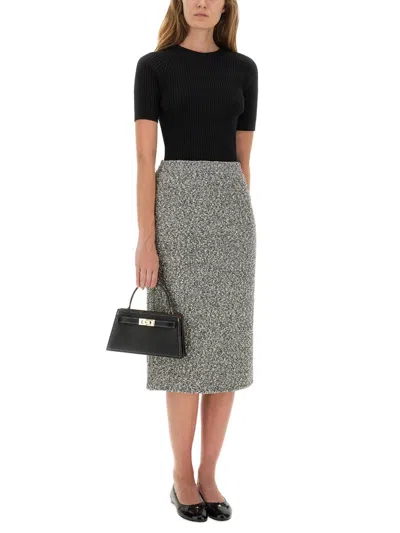 Tory Burch Mid-calf Tweed Skirt With Textured Fabric And Smooth Waistband In Gray