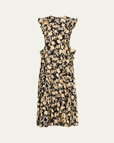 Ulla Johnson Flo Floral Flutter-sleeve Midi Dress In Multi
