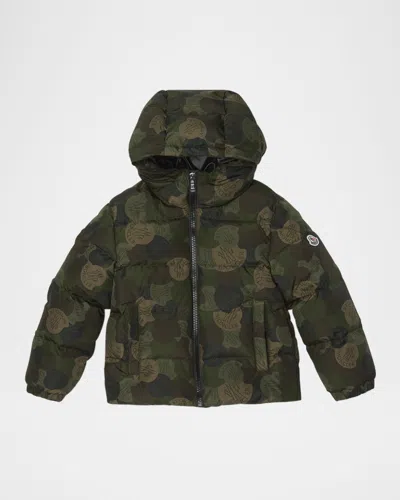 Moncler Boy's Escer Camo Logo-print Puffer Jacket In Green