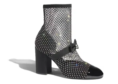 Pre-owned Chanel Women's  Resille 90mm Mary Janes Crystal Patent Calfskin Sneakers In Black/silver In Multi