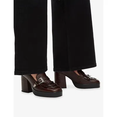 The Kooples Womens Brown Buckle-embellished Lizard-embossed Leather Block-heel Loafers Eur 36 / 3 Uk In Brown