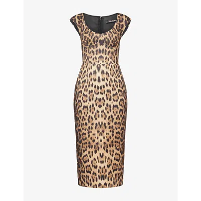 Roberto Cavalli Womens Naturale Leopard-print Woven Midi Dress In Brown