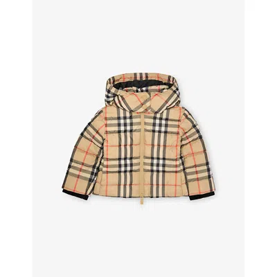 Burberry Sand Ip Check Cecilia Shell-down Puffer Jacket Check 6 Months- In Brown