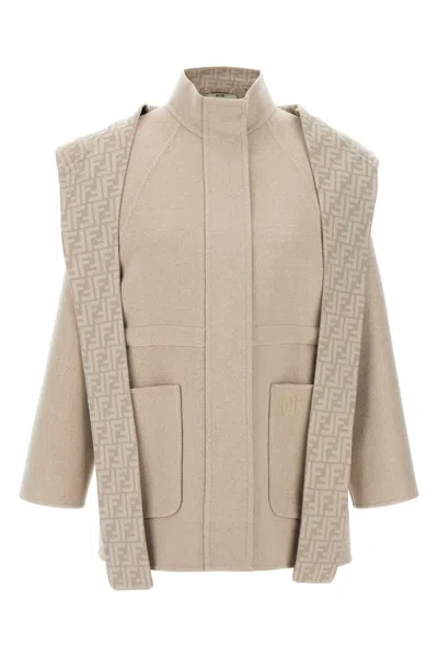Fendi Beige Wool Parka With Removable Stole And Ff Monogram In Sand