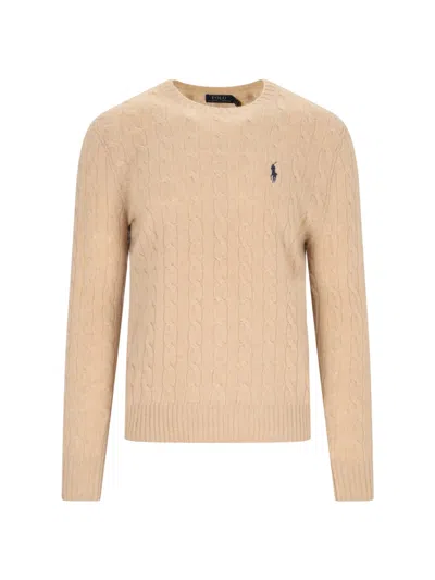 Polo Ralph Lauren Beige Cable Knit Crewneck Sweater With Pony Embroidery On The Front In Wool And Cashmere Man In Nude