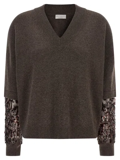 Brunello Cucinelli Brown Cashmere Embroidered Sweater In Black