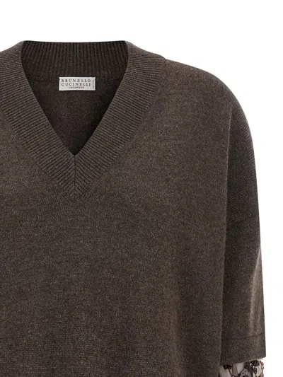 Brunello Cucinelli Brown Cashmere Embroidered Sweater In Black