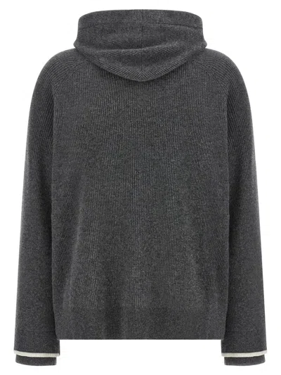 Brunello Cucinelli Ribbed Texture Hooded Sweater With Long Sleeves In Gray
