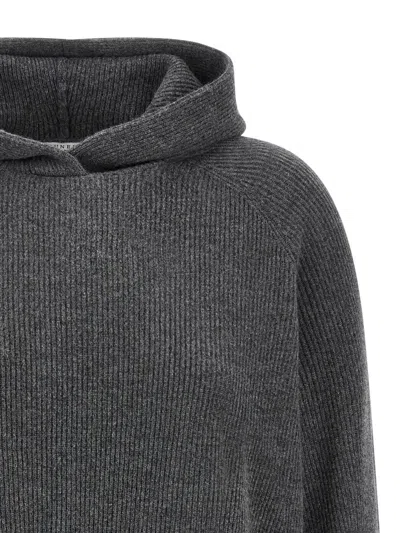 Brunello Cucinelli Ribbed Texture Hooded Sweater With Long Sleeves In Gray