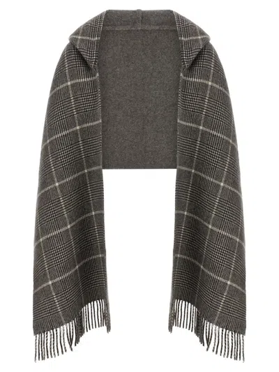 Brunello Cucinelli Checked Pattern Hooded Scarf With Fringed Edges In Gray
