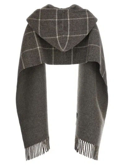 Brunello Cucinelli Checked Pattern Hooded Scarf With Fringed Edges In Gray