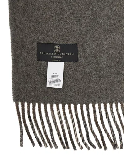 Brunello Cucinelli Checked Pattern Hooded Scarf With Fringed Edges In Gray