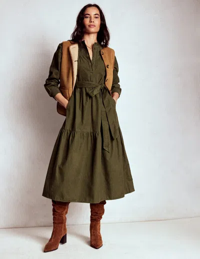 Boden Cecily Belted Long Sleeve Cotton Corduroy Midi Dress In Green