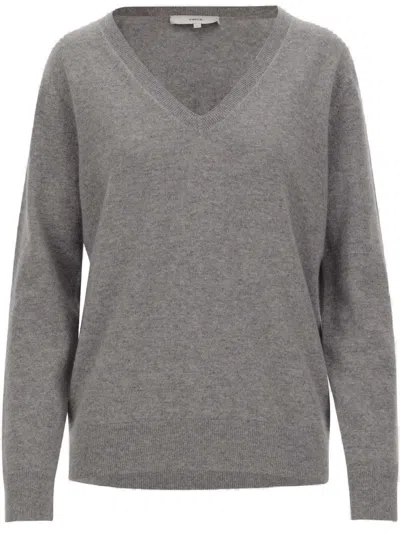 Vince V-neck Cashmere Pullover With Ribbed Edges In Gray