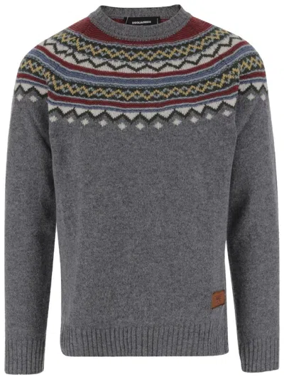 Dsquared2 Wool Sweater With Geometric Pattern In Gray