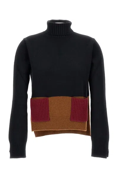 Plan C Turtleneck Colorblock Wool-cashmere Sweater In Black