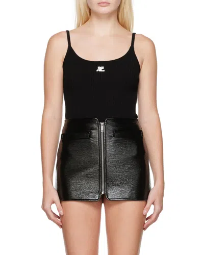 Courrèges Ribbed Spaghetti Strap Top With Elegant Logo Detail And Luxurious Fabric Blend In Black