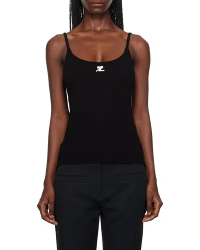 Courrèges Ribbed Spaghetti Strap Top With Elegant Logo Detail And Luxurious Fabric Blend In Black