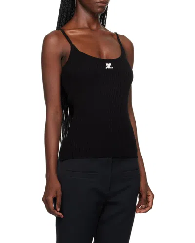Courrèges Ribbed Spaghetti Strap Top With Elegant Logo Detail And Luxurious Fabric Blend In Black