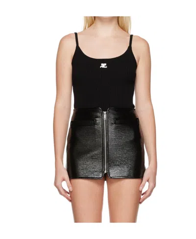 Courrèges Ribbed Spaghetti Strap Top With Elegant Logo Detail And Luxurious Fabric Blend In Black