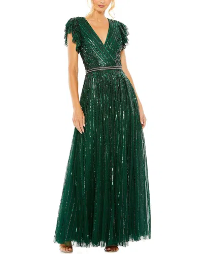 Mac Duggal Sequined Wrap Over Ruffled Cap Sleeve Gown In Green