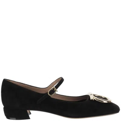 Ferragamo Leather Ballerinas With Square Toe And Adjustable Strap Closure In Black