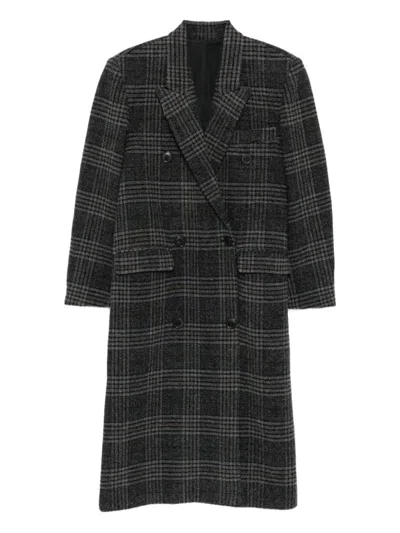 Isabel Marant Étoile Double-breasted Grey Plaid Coat With Structured Silhouette In Black