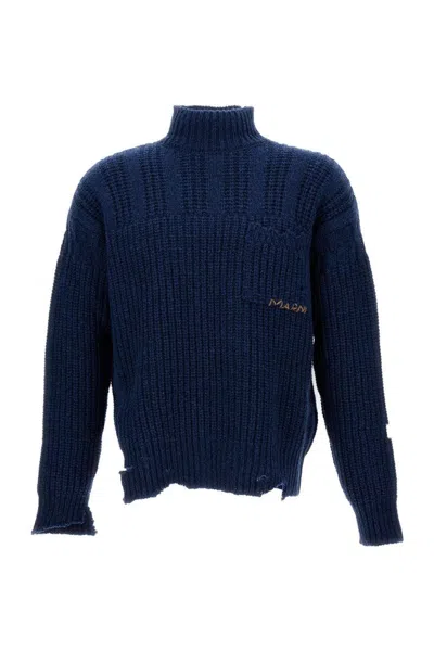 Marni High-necked Cable-knit Wool Jumper With Logo Detail In Blue