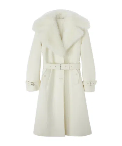 Ermanno Scervino Single-breasted Midi Tailored Coat With Belt And Collar In Real Sheepskin Fur In White