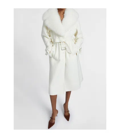 Ermanno Scervino Single-breasted Midi Tailored Coat With Belt And Collar In Real Sheepskin Fur In White