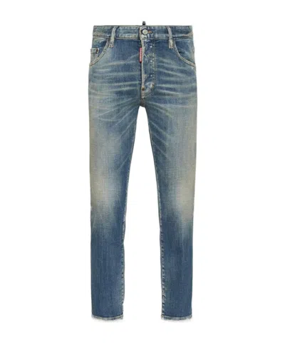 Dsquared2 Men Blue Jeans With Logo Patch On The Rear And Distressed Effect In Denim Man In Blue