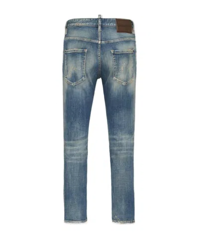 Dsquared2 Men Blue Jeans With Logo Patch On The Rear And Distressed Effect In Denim Man In Blue