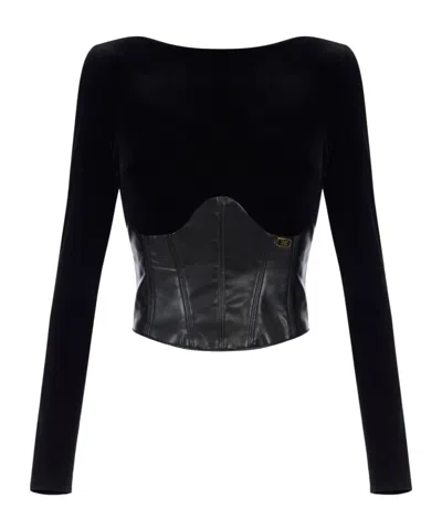 Elisabetta Franchi Black Velvet And Faux Leather Bustier Top  In Black
