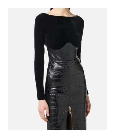 Elisabetta Franchi Black Velvet And Faux Leather Bustier Top  In Black