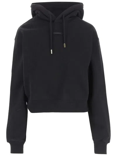 Jacquemus Le Hoodie Gros Grain Black Cropped Hoodie With Drawstring Hood And Logo Patch On The Front In Cotton In Black