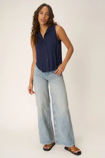 Project Social T No Games Collared Button Front Tank In Blue