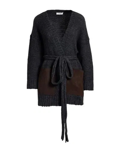 Alpha Studio Woman Cardigan Charcoal Size 10 Alpaca Wool, Recycled Polyamide, Polyamide, Ovine Leath In Black