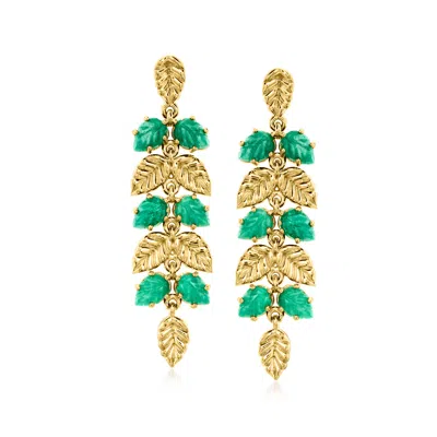 Ross-simons Emerald Leaf Drop Earrings In 18kt Gold Over Sterling In Multi